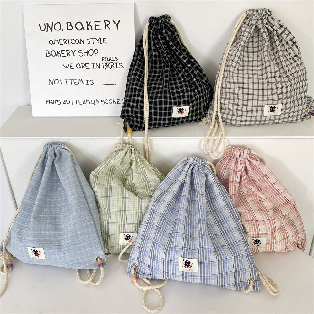 53232 New stylish and trendy drawstring backpack, beaded summer checkered canvas backpack, simple for commuting full figure