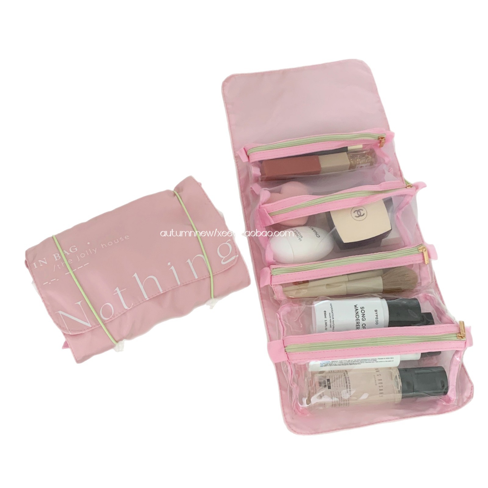Four-in-one detachable toiletry bag for women, simple solid color letter travel makeup bag, portable large-capacity storage bag Item Picture