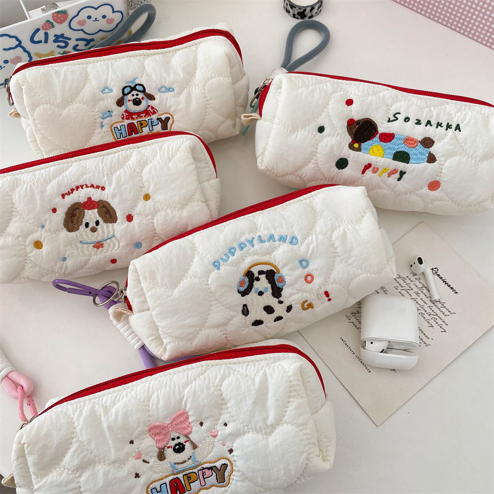 49211 New large-capacity student pen case, portable dog embroidery makeup bag, cartoon casual stationery storage bag full figure