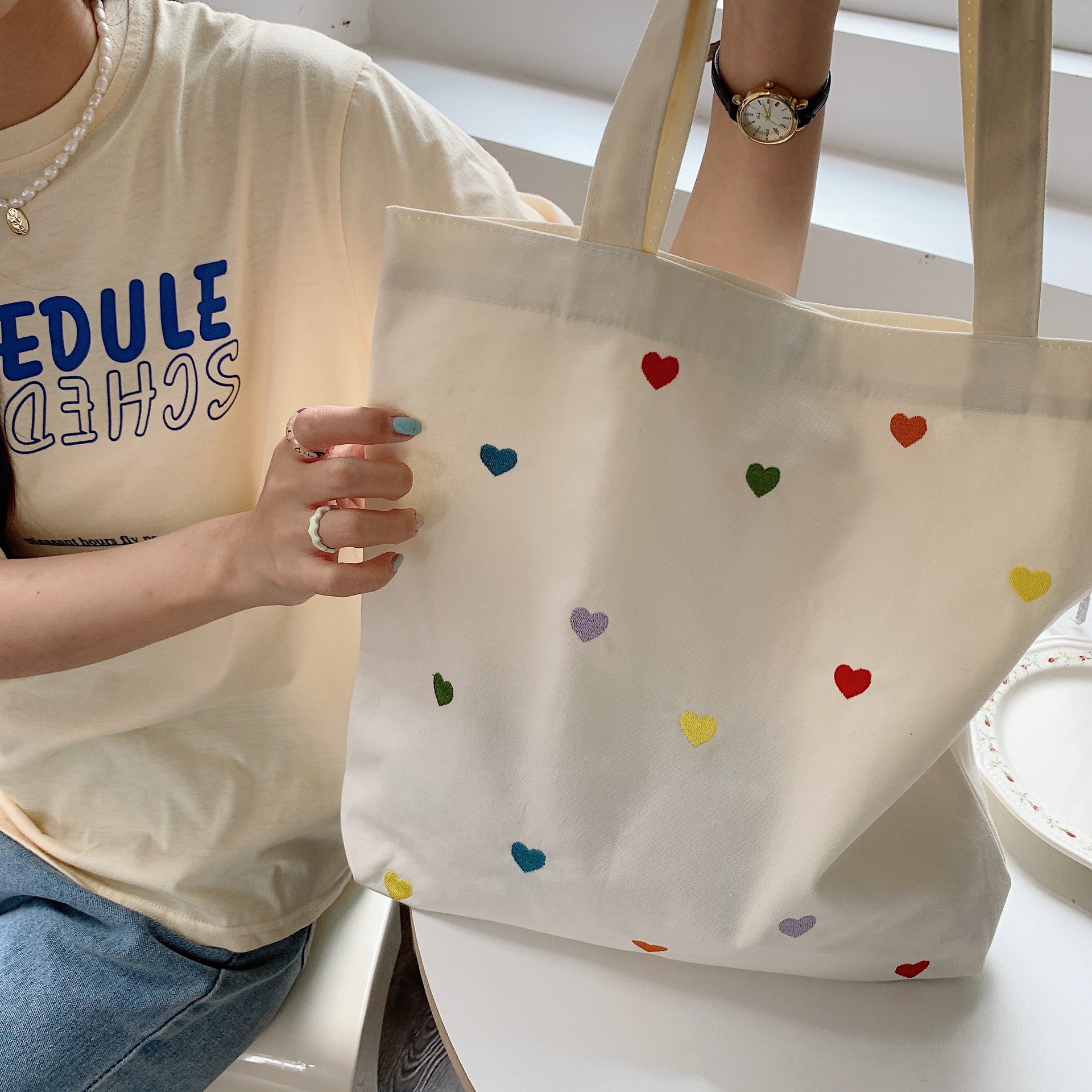 25243 Bags: Women's Heart Canvas Bag, Women's artistic shoulder Bag, Korean simple handbag, tote bag, trendy full figure