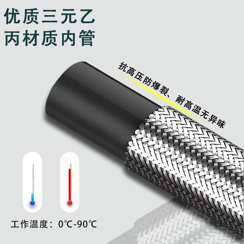 Polyester thread silver filament braided pipe 4-way joint toilet water inlet pipe, small kitchen water heater water filling connection pipe hose Application Scenario