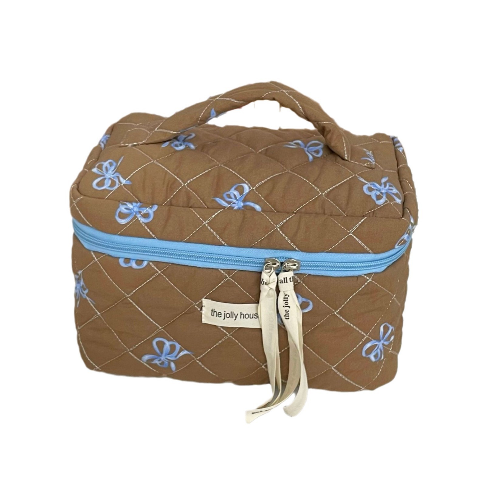 Color-blocking blue and coffee bow makeup bag, women's portable large-capacity hand-held toiletry bag, makeup and skin care product storage bag Item Picture