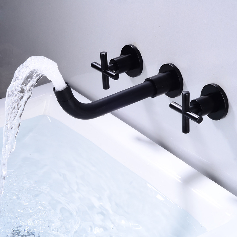 All-copper concealed washbasin faucet, split double-handle wall-mounted three-hole cold and hot water washbasin faucet, black bathtub faucet details Picture