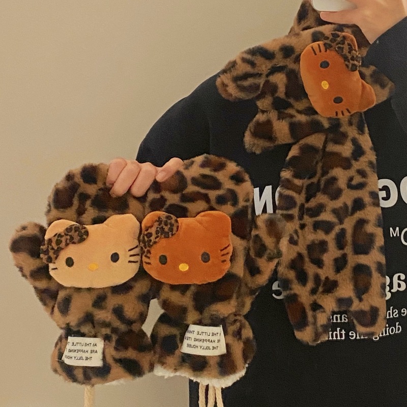 Leopard-print cat plush scarf for women, new 2024 style, high appearance level, winter windproof and cold-proof, thickened and fleece warm scarf details Picture