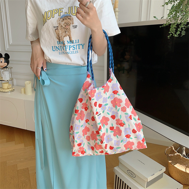 35243 Korean-style summer large-capacity hand-held single-shoulder bag, drawstring shopping bag, fresh floral tote bag, underarm bag Specification drawing
