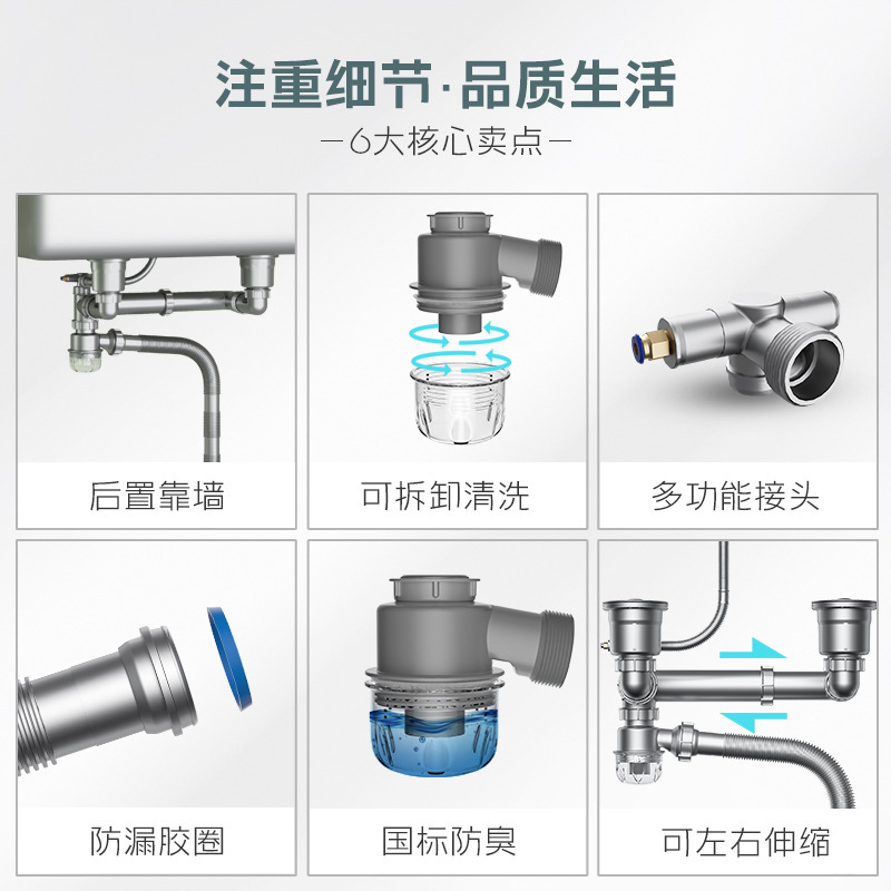 Wholesale of 304 stainless steel double-channel drain for washbasins, kitchen washbasins, vegetable washbasins, anti-odor washbasins and drain pipes Specification drawing