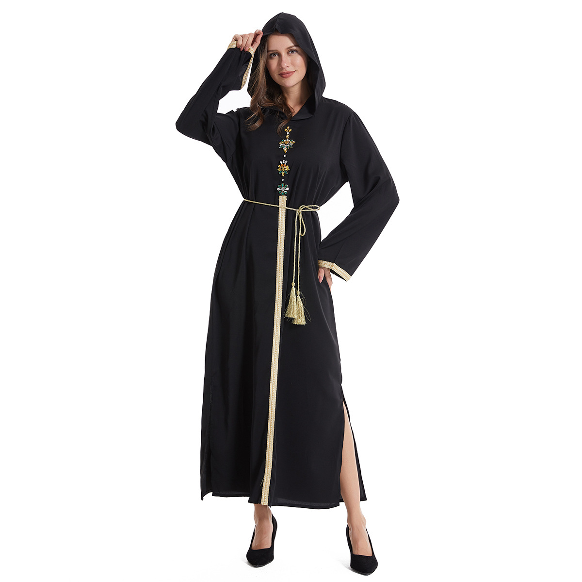 Factory stock: Women's hooded long-sleeved dress with woven tape, hand-sewn and diamond robe, Middle Eastern Arab women's long dress abaya robe, women's hooded Muslim style Specification image