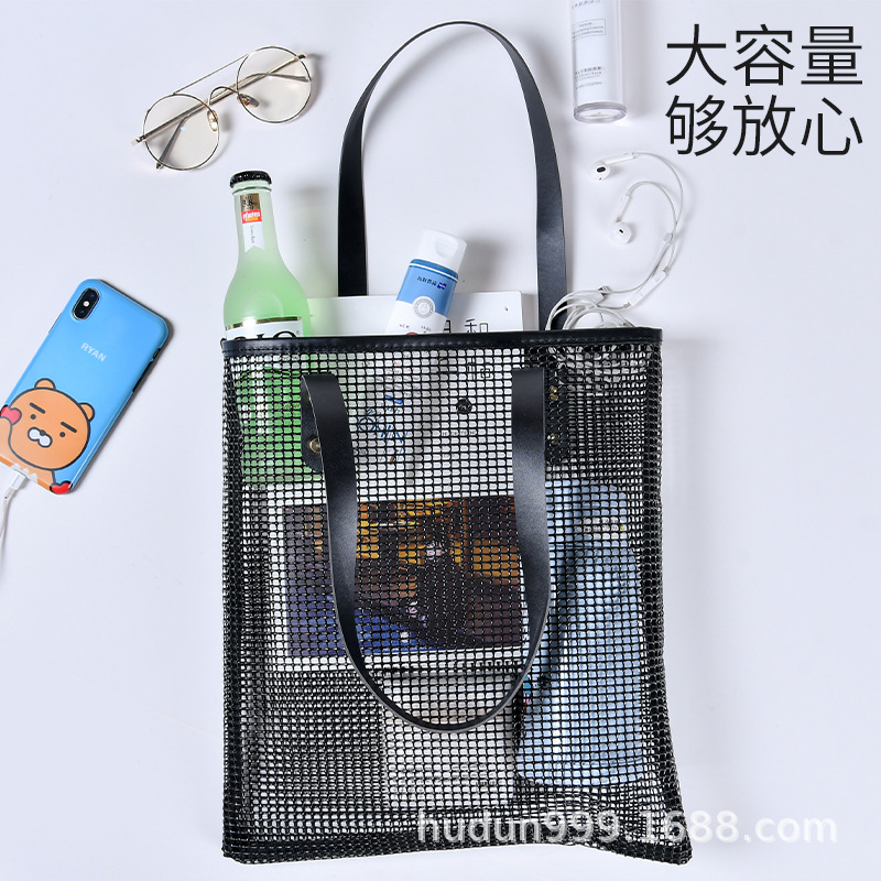 Korean-style beach bag, large-capacity grid vacation seaside transparent hand-held shoulder bag, trendy shopping bag details Picture