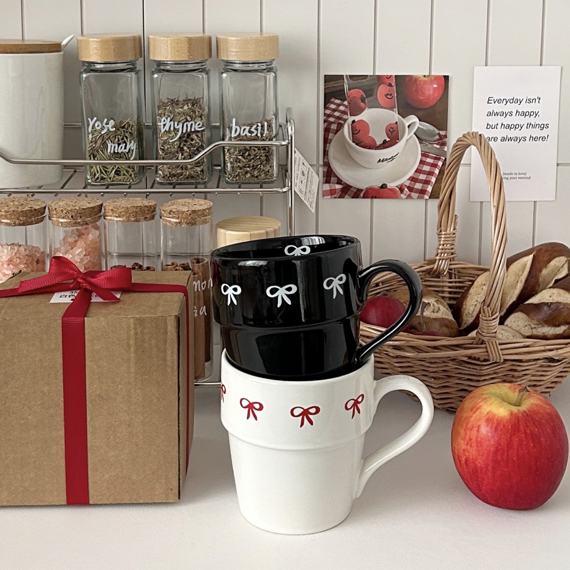 A rare and cute hand-painted bow ceramic coffee cup in Bordeaux red, the same style as a Korean Instagram blogger's birthday gift full figure