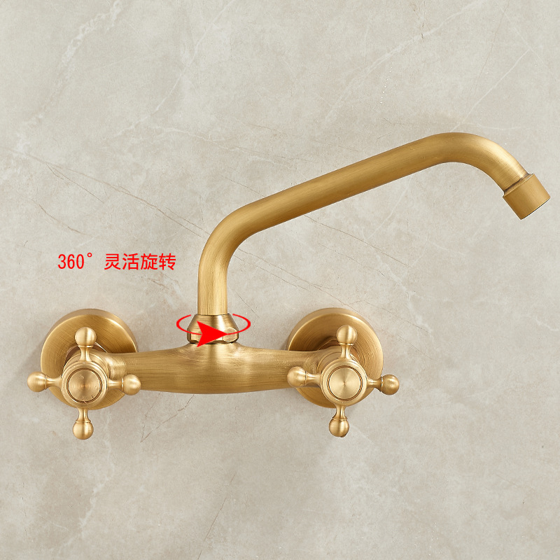 Antique copper-colored wall-mounted water outlet, all-copper antique wall-mounted hot and cold water rotatable, retro wall-mounted faucet Specification drawing