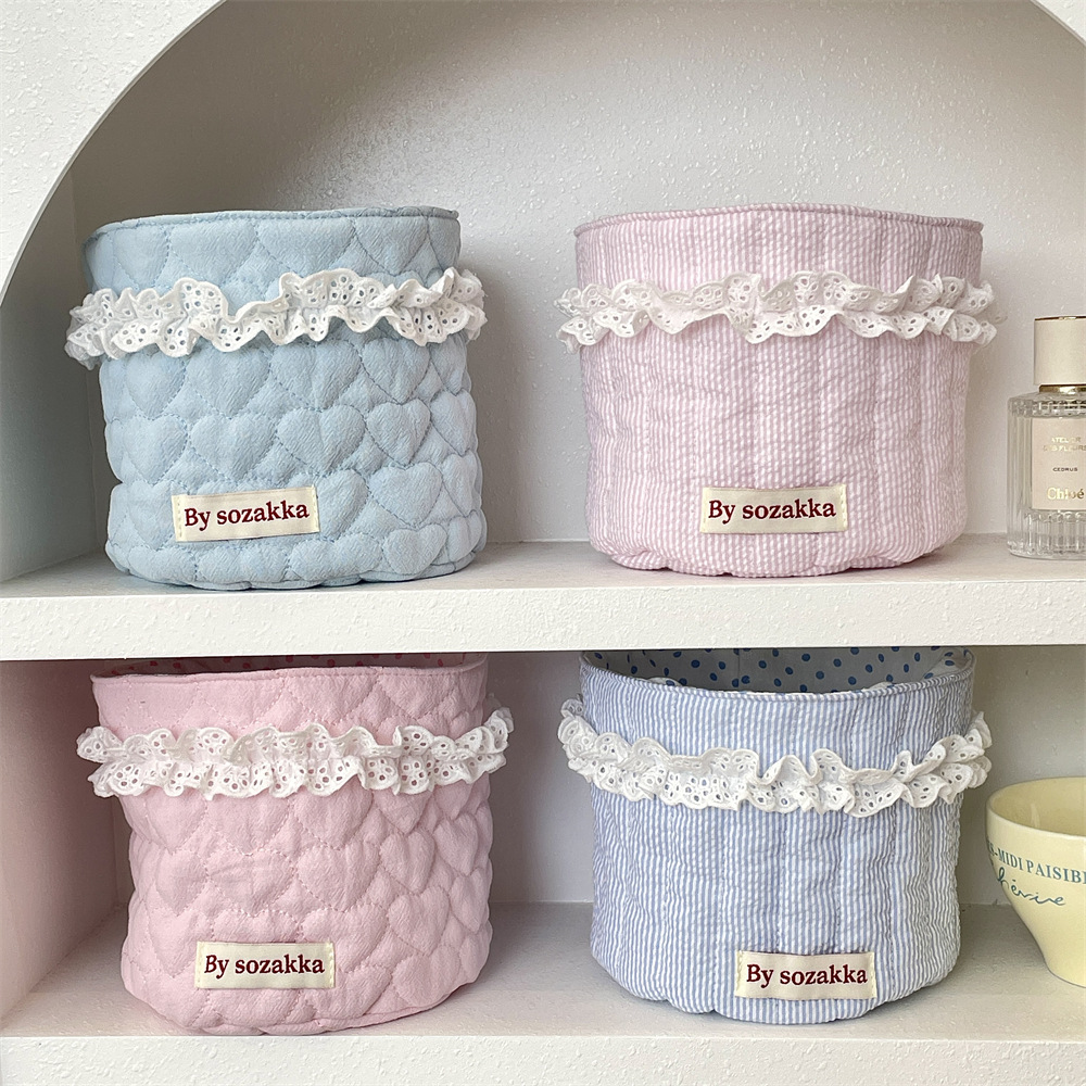 5181 Korean-style quilted girl fabric storage basket, desktop storage and organization basket, cylindrical miscellaneous and snack storage basket details Picture