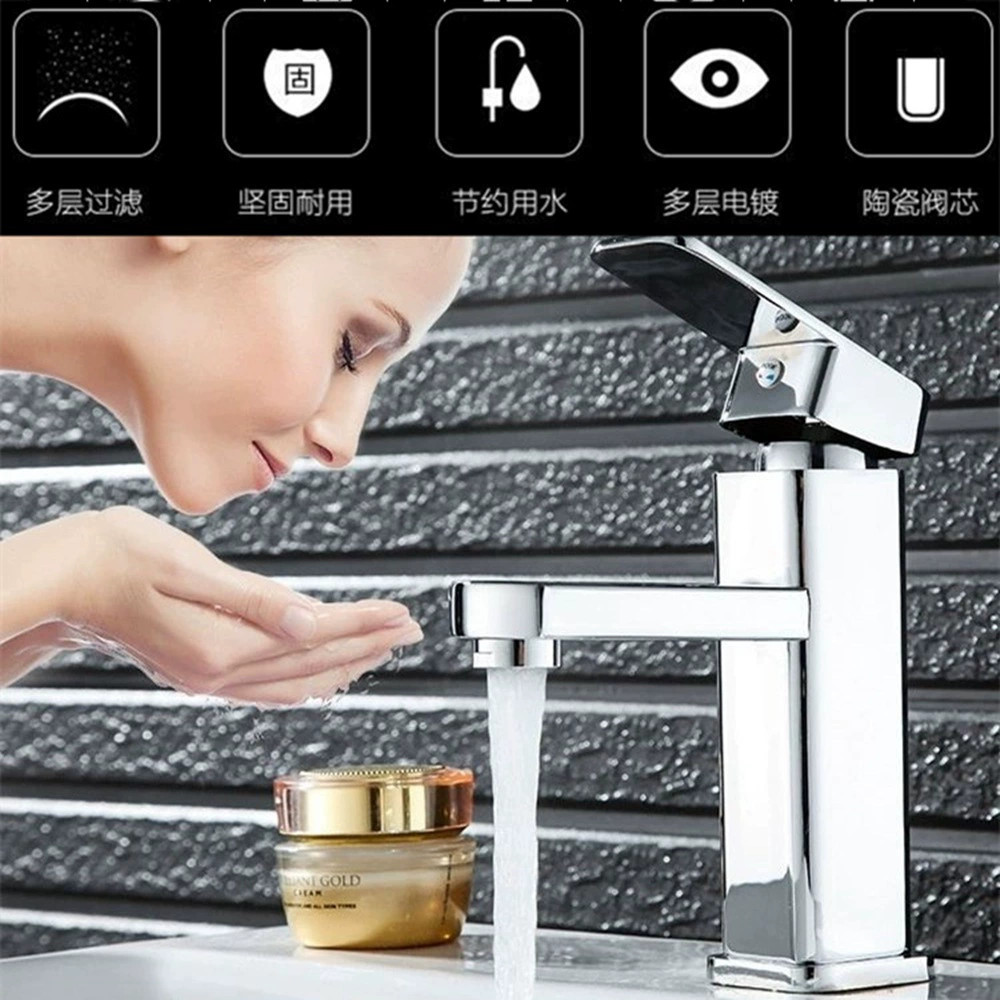 Cold and hot basin faucet, bathroom countertop, washbasin, bathroom, square single-hole stainless steel household faucet Application Scenario