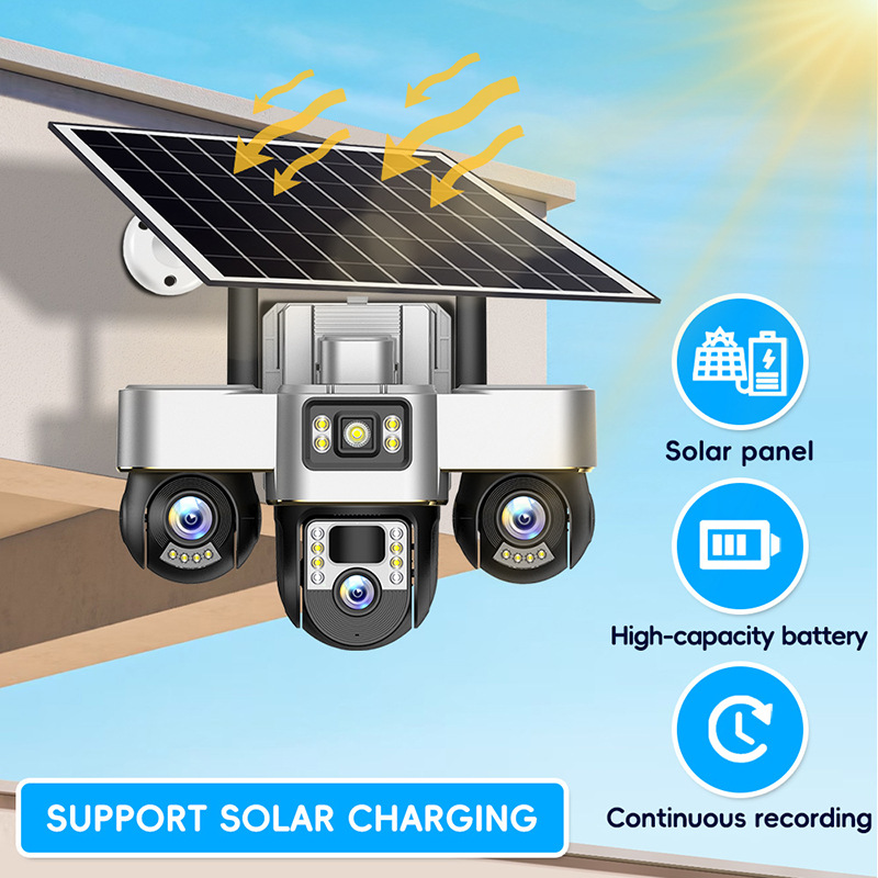 3-lens, 3-screen, 6-gimbal V380 high-definition solar dome camera, 3-lens, 6-PTZ solar camera Item Picture