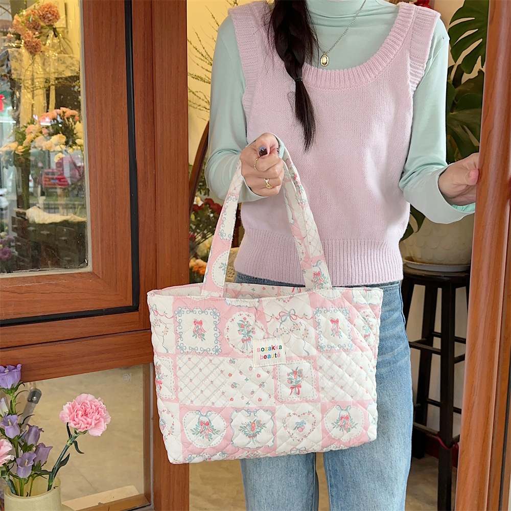 4362 Quilted cotton-padded large-capacity single-shoulder tote bag, hand-held commuter bag, new spring student class bag for women full figure