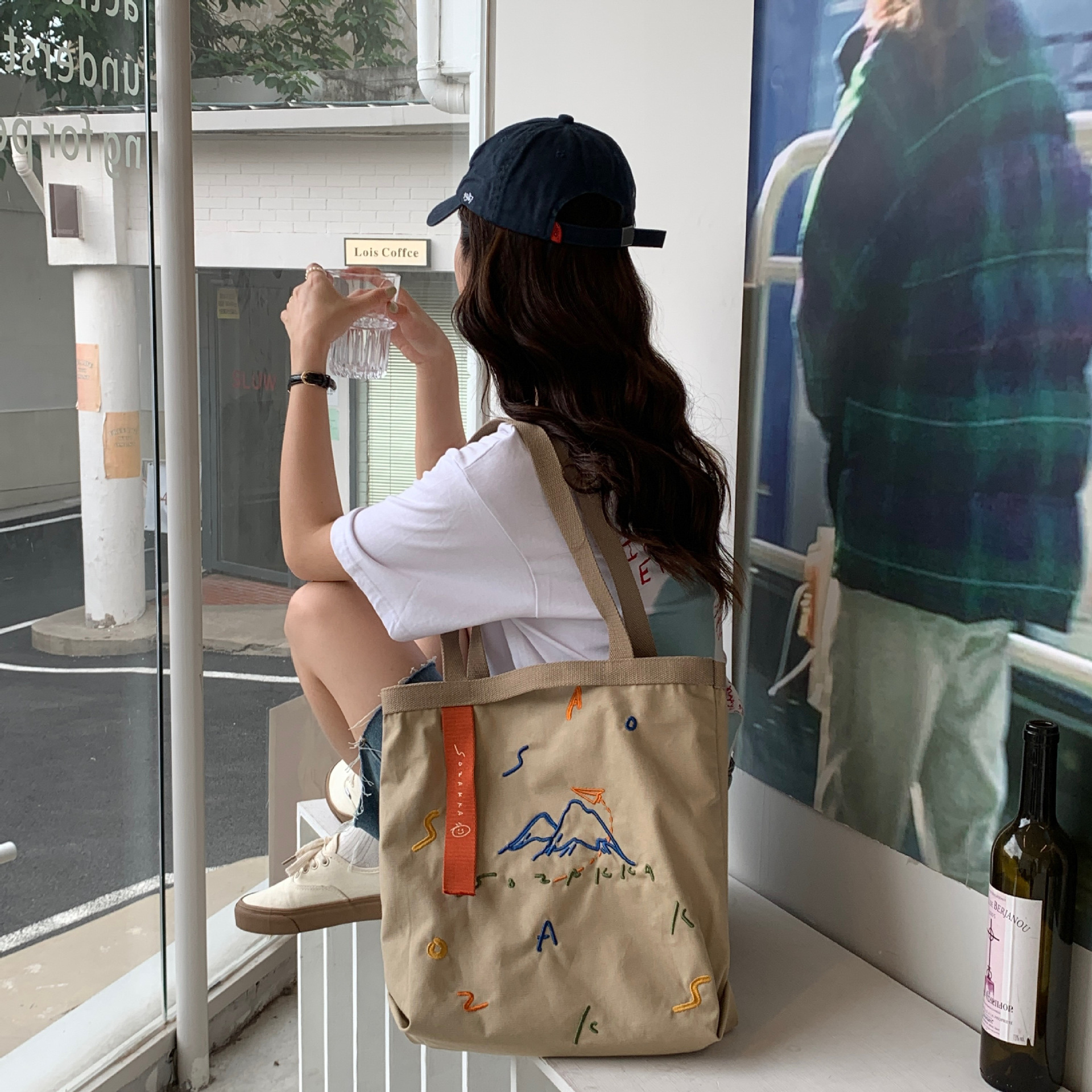 25201 contrasting color woven strap canvas bag, embroidered single-shoulder bag, large-capacity female student hand-held tote bag for shopping wholesale Specification drawing