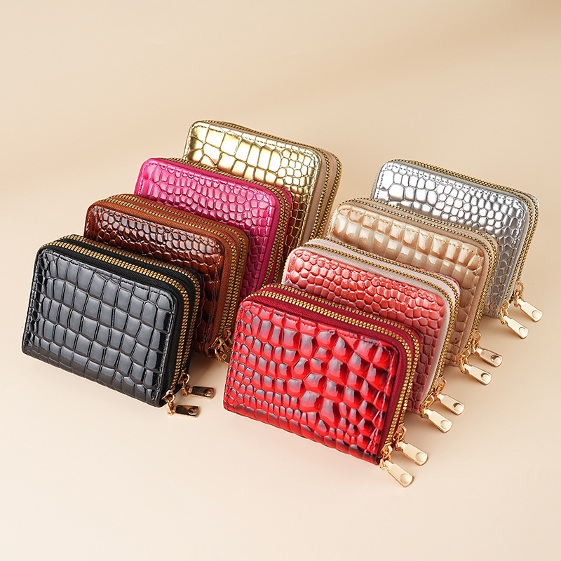 Cross-border crocodile-patterned solid color organ double zipper card case, fashionable multi-slot large capacity card holder zipper coin purse for women details Picture