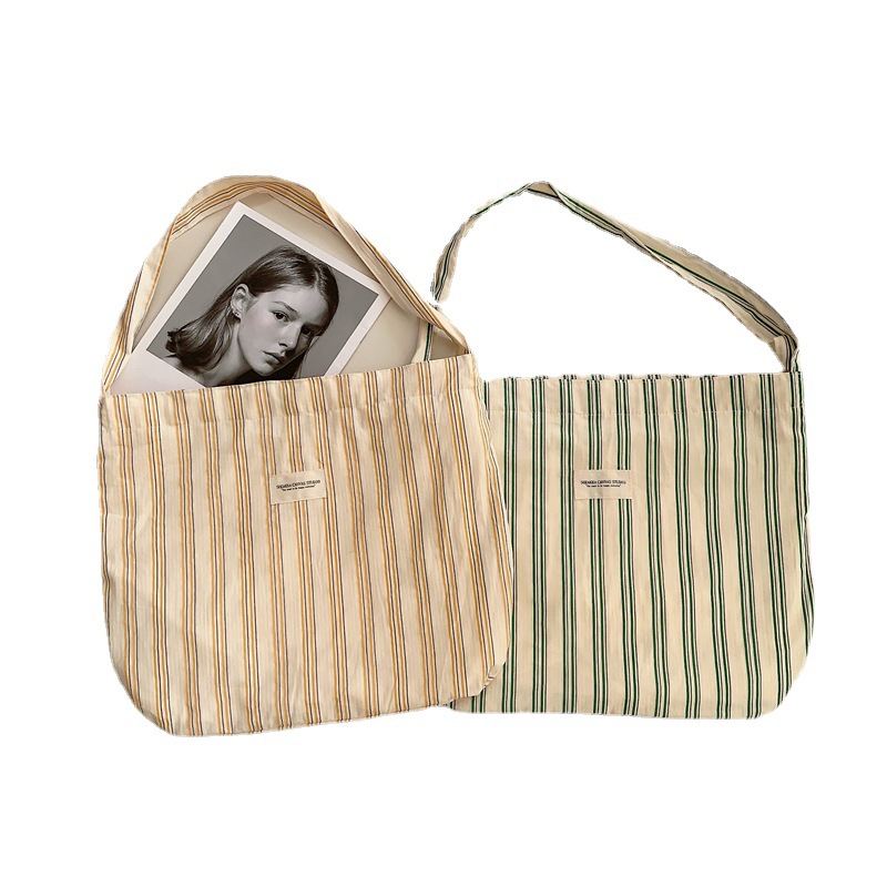 13165 Japanese striped single-shoulder bag, large-capacity underarm bag, canvas bag, women's work cloth bag, student crossbody schoolbag Item Picture
