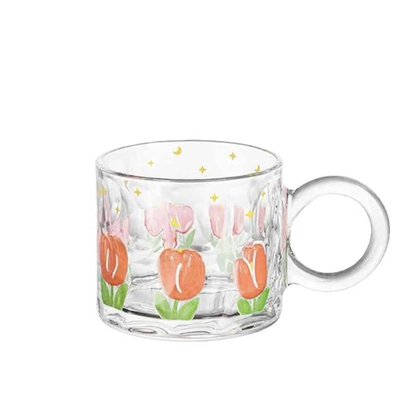 Ins-style tulip glass cup, girlish home water cup with handle, cold drink cup, breakfast coffee cup, juice cup Item Picture