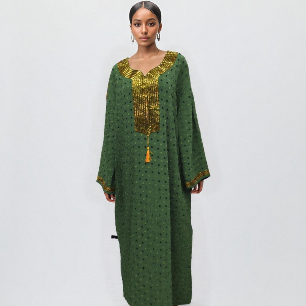 Cross-border Middle East women's long robe clothing, fashionable and form-fitting Muslim long robe with gold foil, simple Dubai women's dress, long robe for women, hooded Muslim details Picture