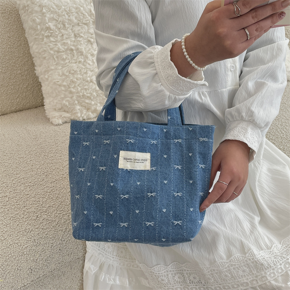 410124 Denim color handbag, retro autumn office worker portable bento bag, hand-held Mommy lunch box bag details Picture
