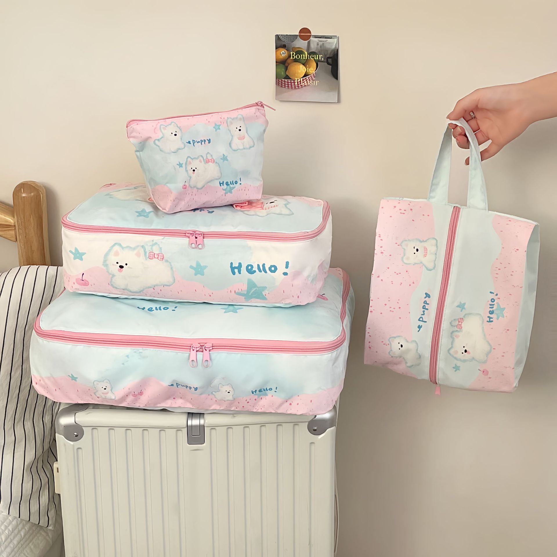 Cute puppy storage bag Travel four-piece set, large-capacity travel clothing sorting bag, portable organization and storage bag details Picture