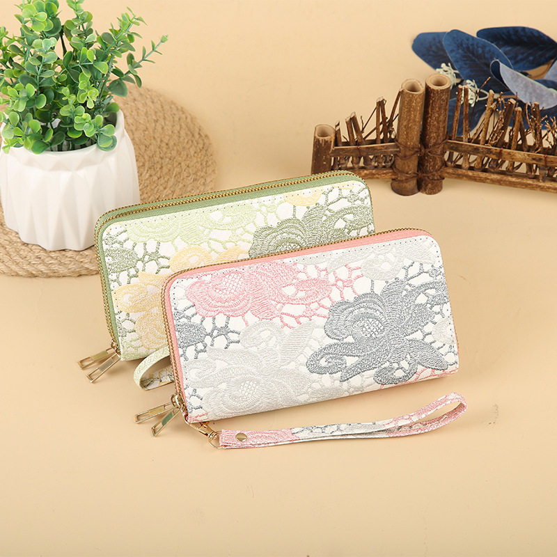 Ladies' double-pull wallet 2024 New large-capacity zipper clutch, embroidered small wallet, simple and elegant coin purse for girls details Picture