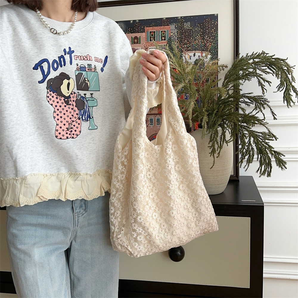 5393 Korean-style mesh flower single-shoulder bag, large capacity underarm bag, spring and summer fairy girl bag, student canvas bag full figure