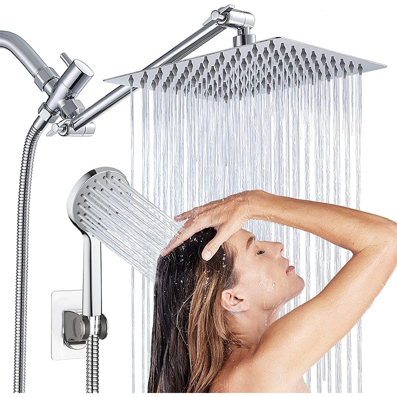 Amazon American-style wall-mounted exposed showerhead extension rod shower set, bath three-way water distributor, stainless steel nozzle full figure