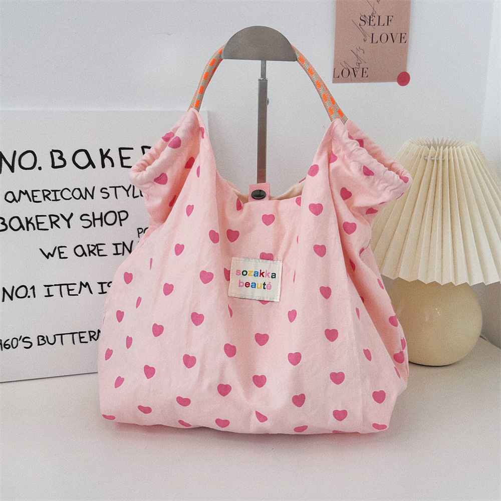 47131 ins Pink heart Summer Tote versatile single-shoulder bag, commuter college student class bag, underarm canvas bag details Picture