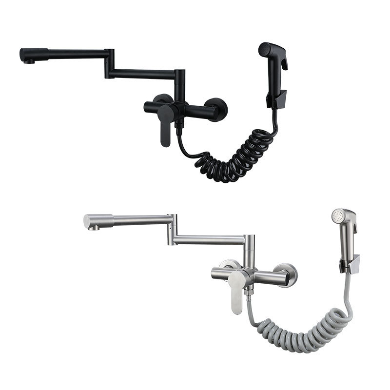 Foreign trade built-in kitchen hot and cold water faucet, 304 stainless steel commercial 360° rotating pull-out kitchen faucet Item Picture