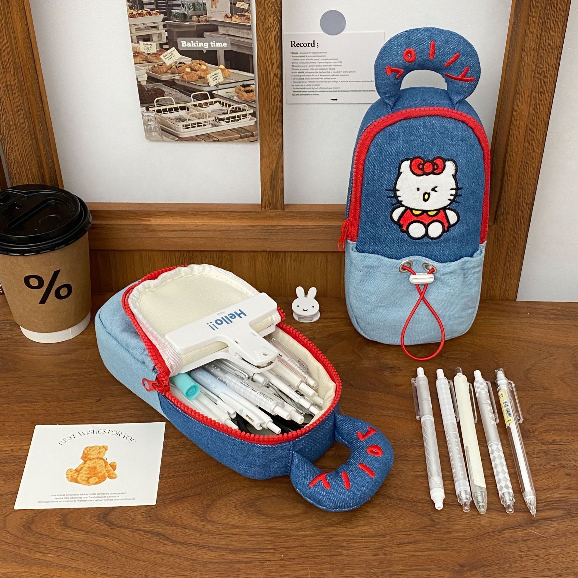 Original cartoon cat denim pen case, ins style, high school student large-capacity hand-held stationery box, standing stationery Specification drawing