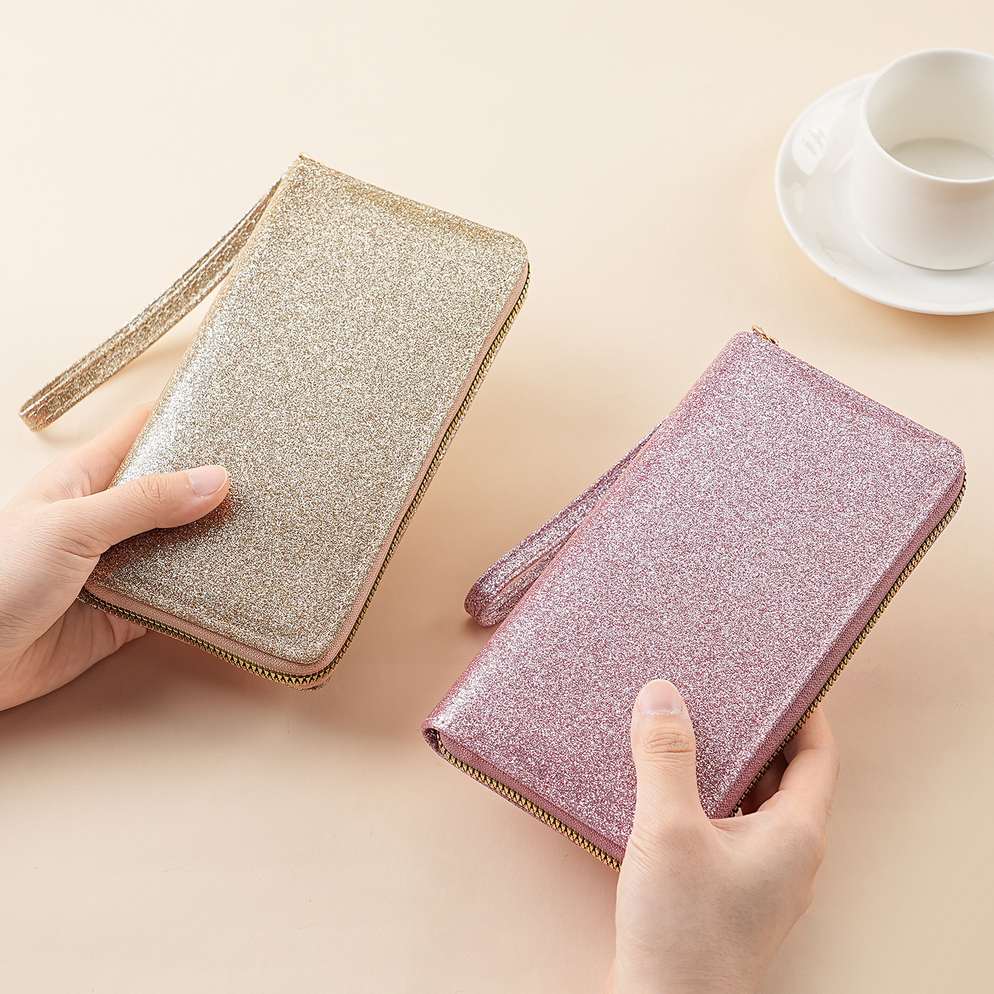 Sequined cross-border starry sky organ long zipper wallet, ladies' pearlescent multi-layered mobile phone glitter handbag Specification drawing