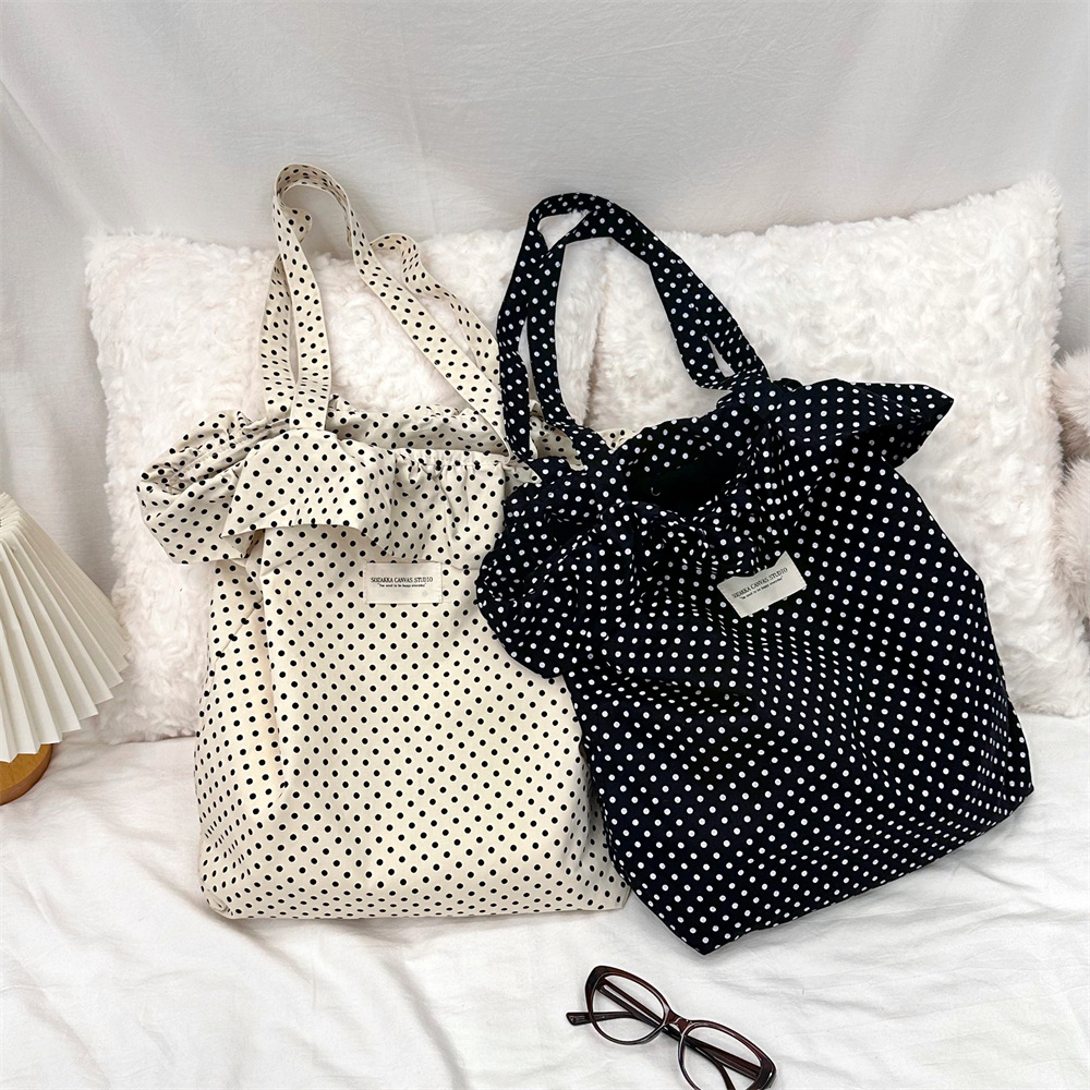 46191 Korean ins polka dot lace canvas bag, women's single-shoulder large-capacity tote bag, student commuting bag for class full figure