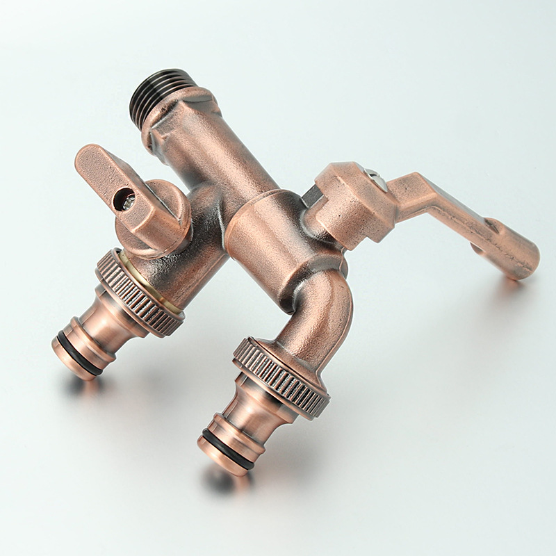 Cross-border exclusive supply of blue and ancient copper outdoor faucet washing machine, one inlet and two outlets, large flow anti-freezing tap water, all-copper faucet details Picture