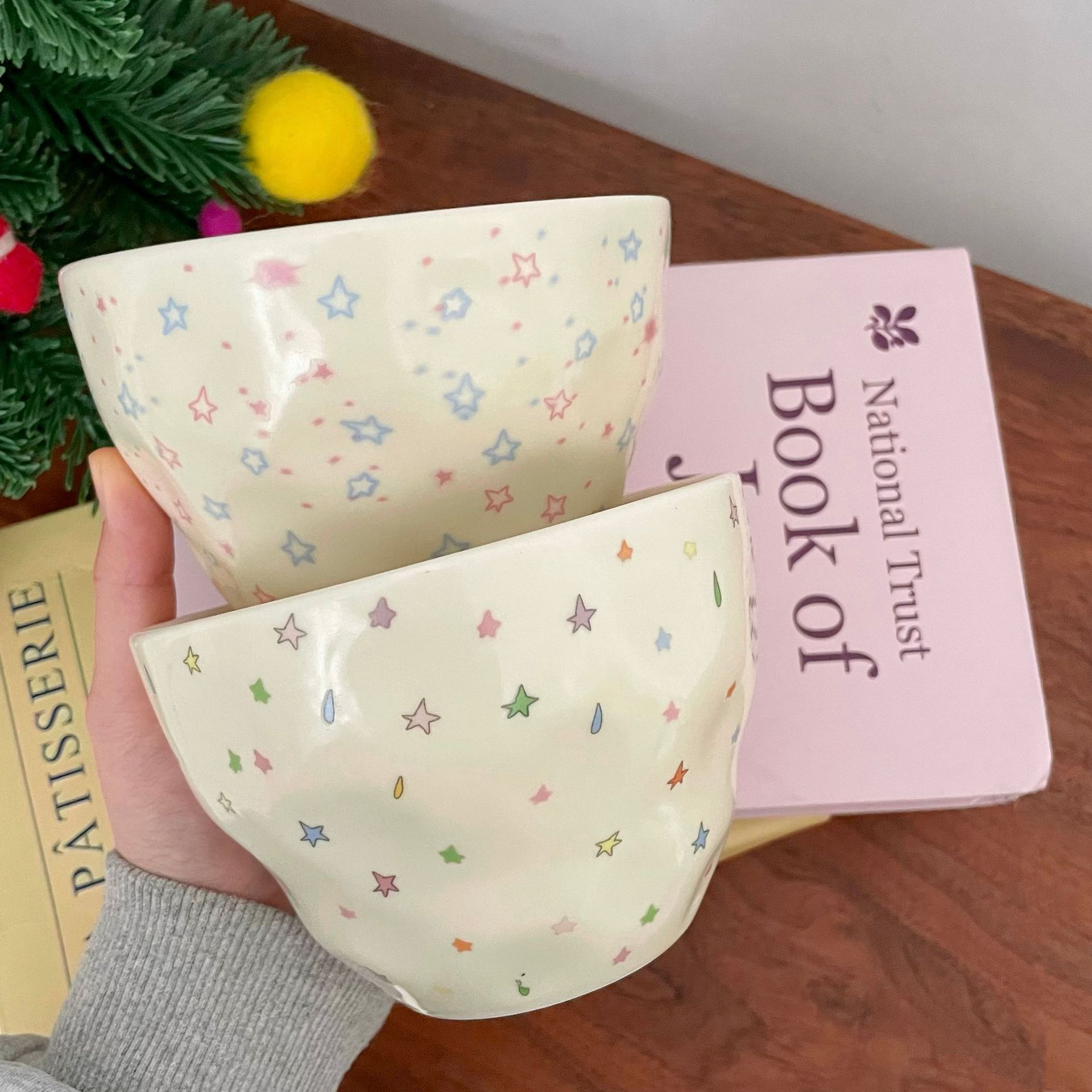 Colorful star, girlish Korean ceramic bowl, ins style, large capacity salad bowl, yogurt bowl, breakfast bowl, dessert bowl details Picture
