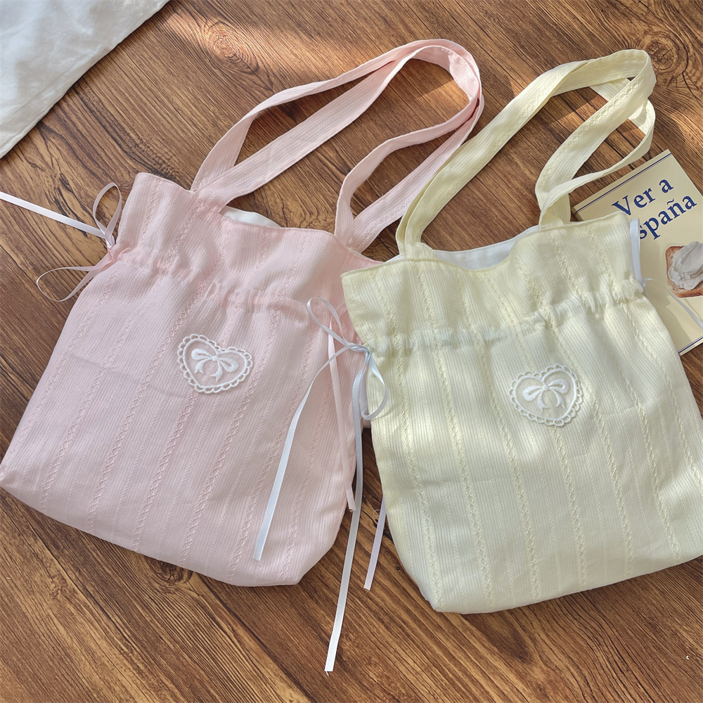 5323 Girlish heart Bow single-shoulder bag, drawstring drawstring canvas bag, fresh handbag, women's shopping bag for shopping full figure
