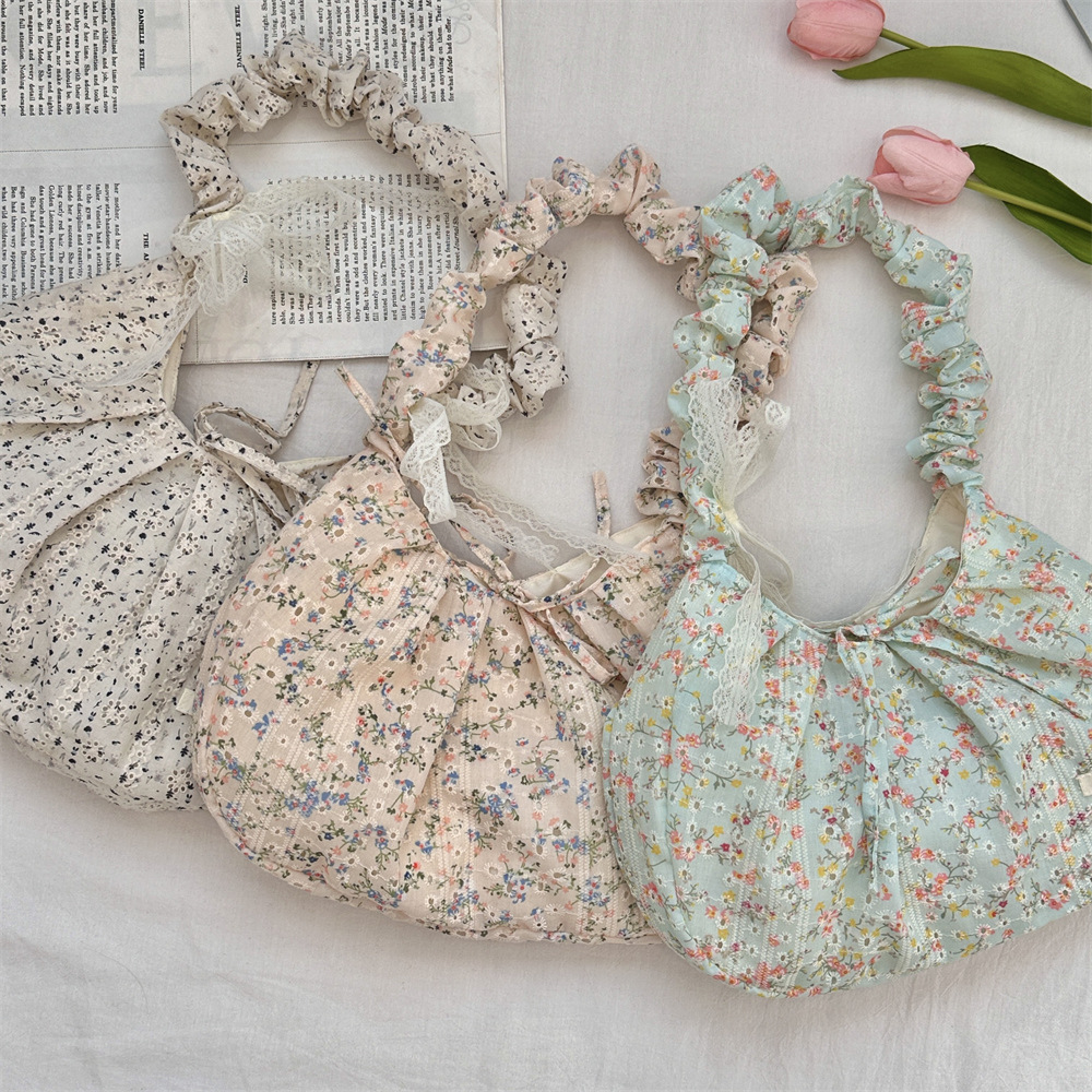 41082 Niche floral pleated shoulder strap bow women's commuter tote bag, underarm bag, hand-held shoulder crossbody bag full figure