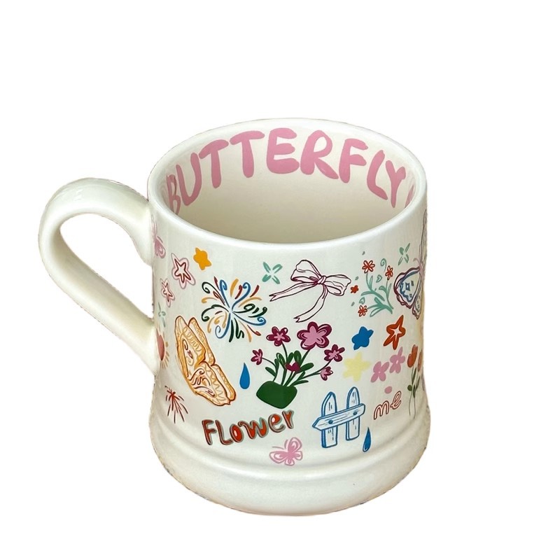 High-appearation-level mugs, playful graffiti butterflies, cream-colored ceramic cups, office coffee cups, couple breakfast cups Item Picture