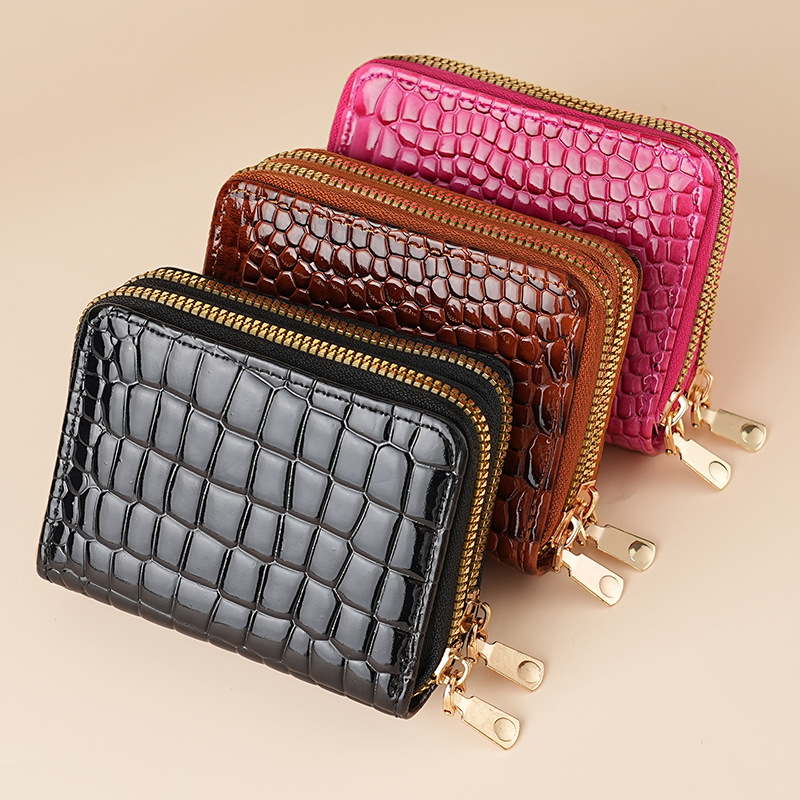 New cross-border crocodile-patterned organ double zipper card case, fashionable multi-slot large-capacity coin purse card case zipper case details Picture