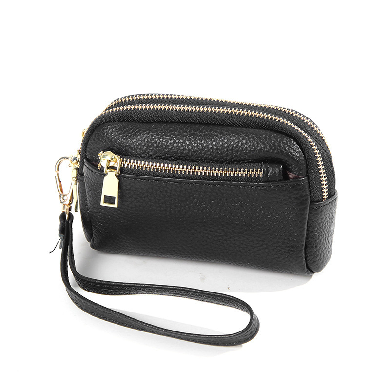 New top-grain cowhide hand-held small wallet, simple, mini and compact three-zipper genuine leather coin purse for ladies Item Picture