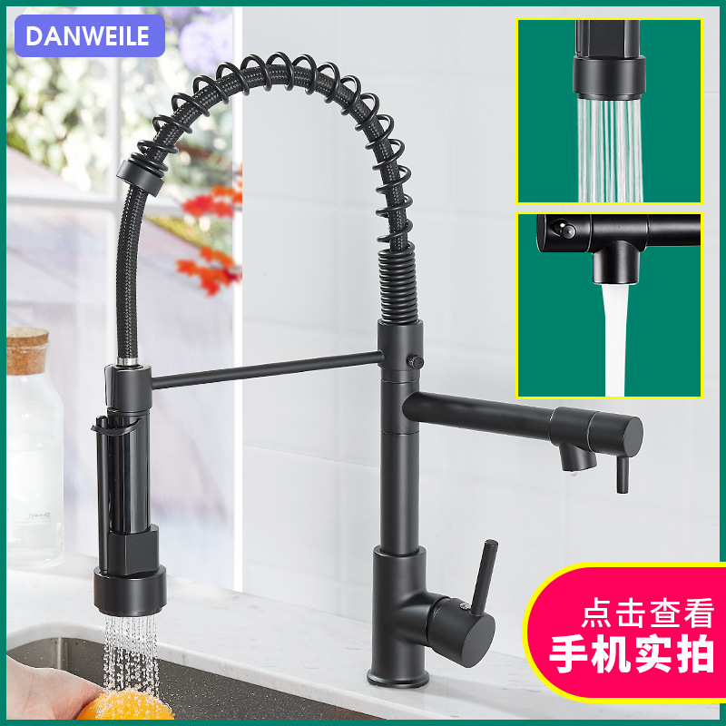 Cross-border product: All-copper-nickel brushed dual-function kitchen spring faucet, hot and cold water rotating black pull-out faucet full figure