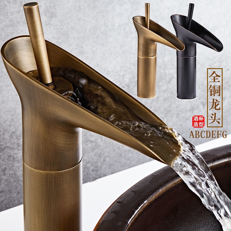 All-copper wine glass faucet, retro European style antique cold and hot washbasin, countertop basin, waterfall faucet, bathroom cold and hot faucet details Picture