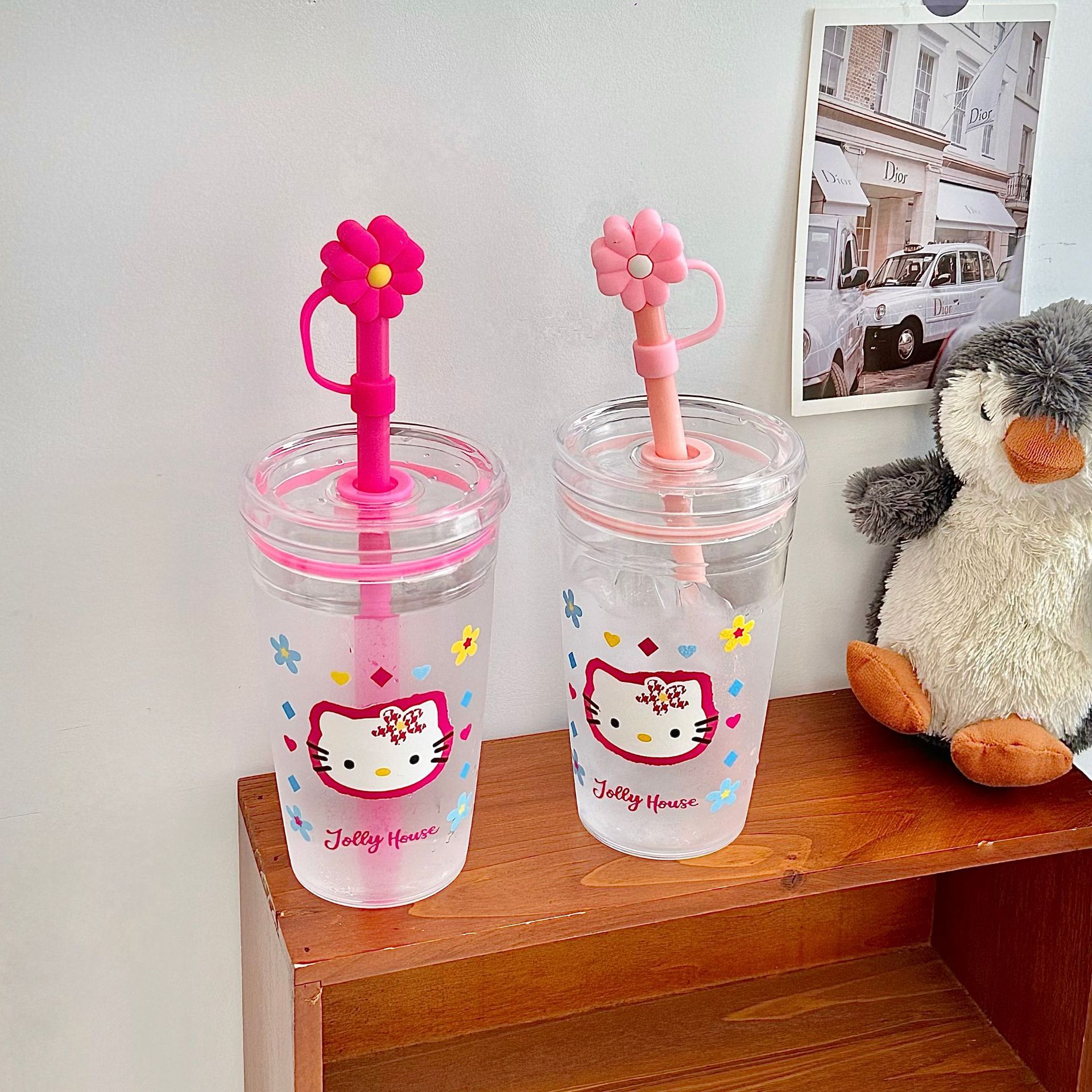 Cartoon cute cat straw cup, high appearance level portable water cup with lid, juice cup, milk cup, coffee cup, cold drink cup Specification drawing