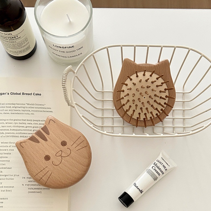 Mini and cute cat airbag comb, small beech wood portable round comb, massage scalp and hair care comb, portable wooden comb for women Application Scenario