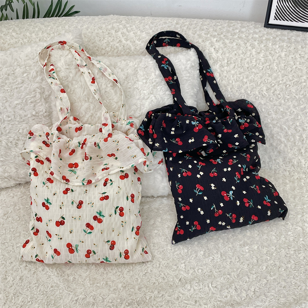52202 Spring/Summer New chiffon ruffled shoulder bag, cute cherry canvas bag, large-capacity hand-held tote bag details Picture