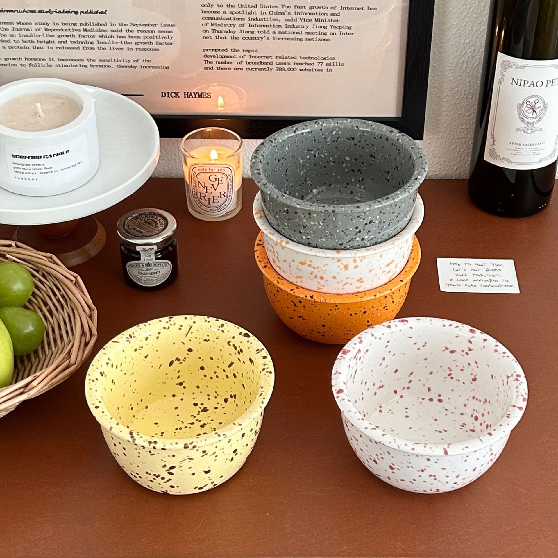 Korean-style ink-wash yogurt bowl, household light food salad bowl, ceramic oat breakfast bowl, dessert bowl, pudding bowl full figure