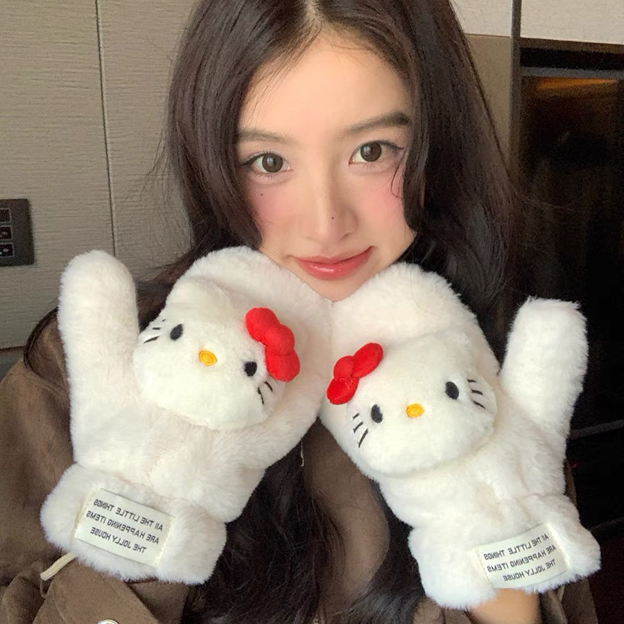 Cute plush gloves for girls to keep warm while cycling in autumn and winter, thickened for students to ride, windproof and cold-proof, with neck straps and fingers attached full figure