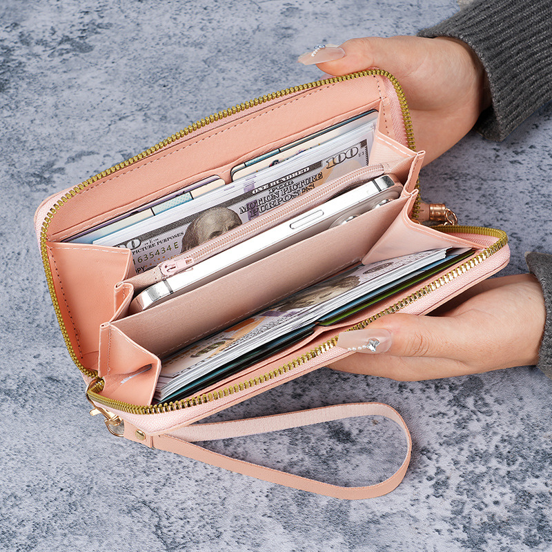 Korean-style long wallet for women, hand-held bag with mobile phone, wallet, cross-border wallet, long embossed zipper clutch for women details Picture