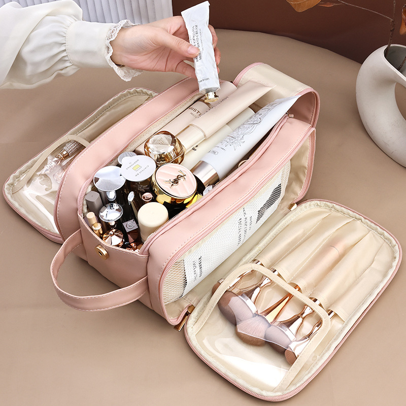 New portable makeup bag, cosmetics toiletries bag, storage bag, PU three-layer double-zipper storage bag, travel full figure
