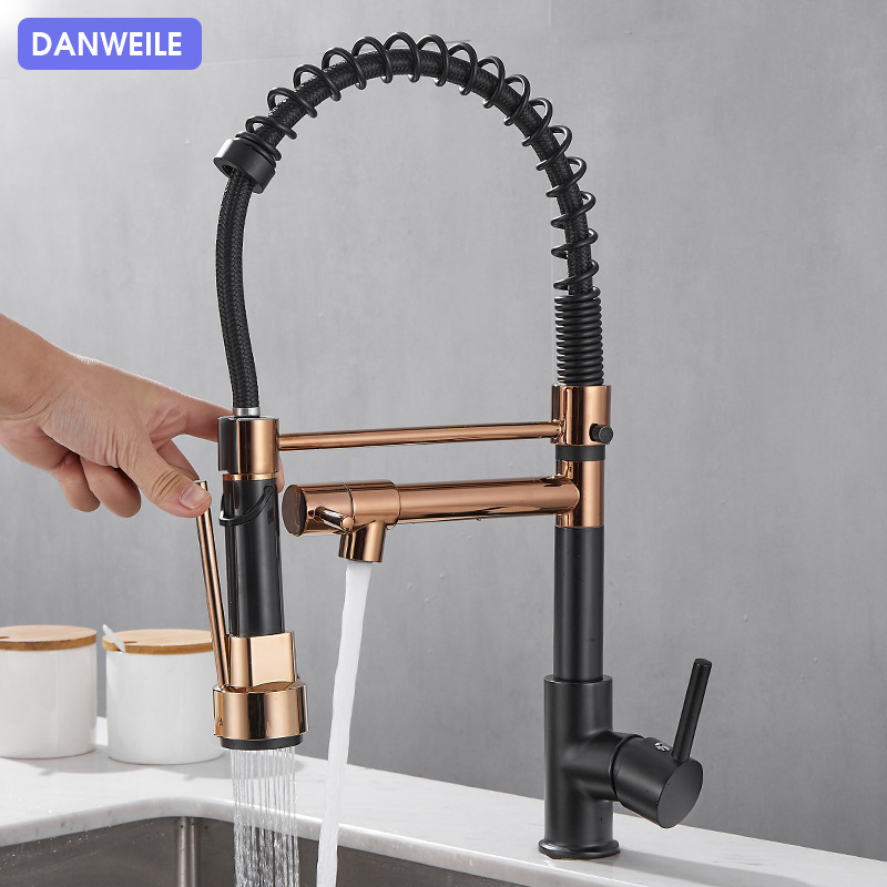 Danweile bathroom all-copper pull-out kitchen faucet, double water outlet cold and hot sink, spring faucet Specification drawing